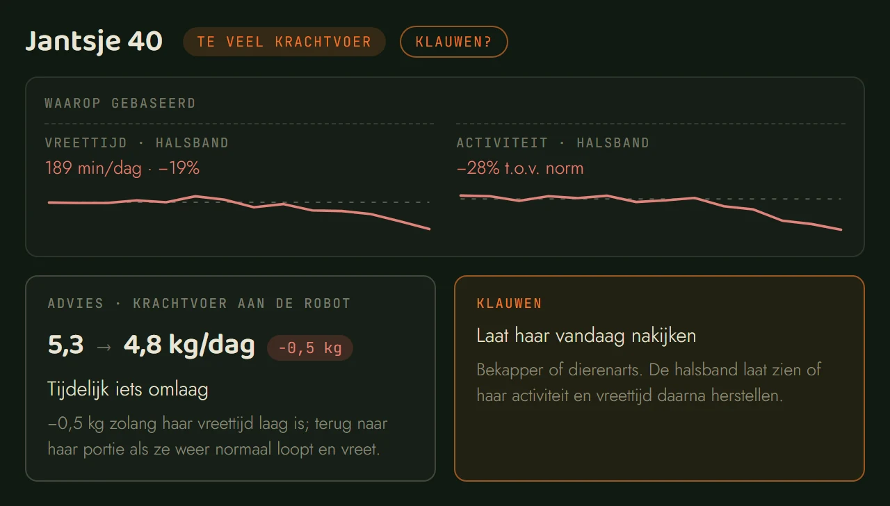 Jantsje 40: activiteit en vreettijd t.o.v. haar norm, krachtvoeradvies en het advies haar klauwen te laten nakijken